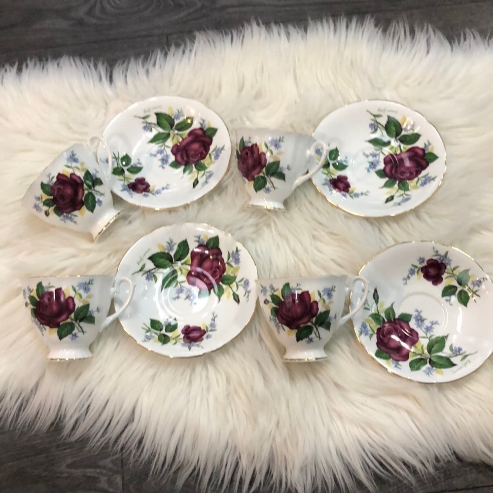 VYG Bone China 4 Mugs & 4 Saucer Crimson Glory by Royal Windsor, made in England